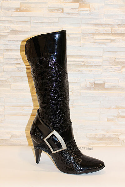 Сапоги женские черные на каблуке лаковые натуральная кожа Д118 Уценка