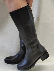 Сапоги женские черные зимние на низком каблуке натуральная кожа с963