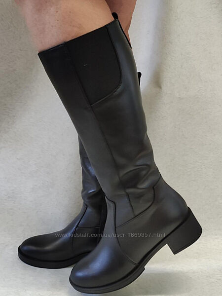 Сапоги женские черные зимние на низком каблуке натуральная кожа с963