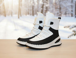  Ботинки женские зимние белые с черными вставками С425