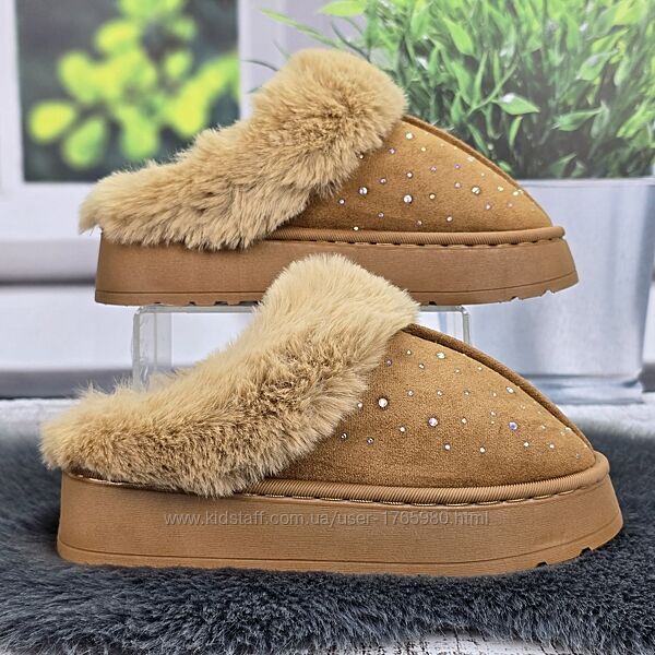 Тапочки-угги женские коричневые утепленные на объемной подошве 8127