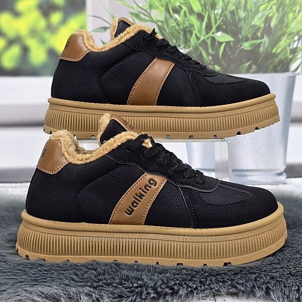 Кроссовки женские зимние Gipanis черные с коричневым на ровной подошве 8215