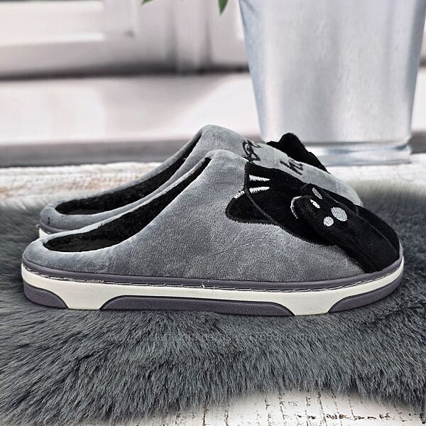 Тапочки женские домашние Lion с котиками серые с черным 2380-4