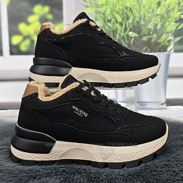 Женские зимние кроссовки Gipanis черные с искусственным мехом тедди 8216