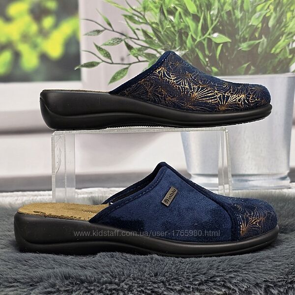 Тапочки женские для дома Inblu синие велюровые с кожаной стелькой 8227