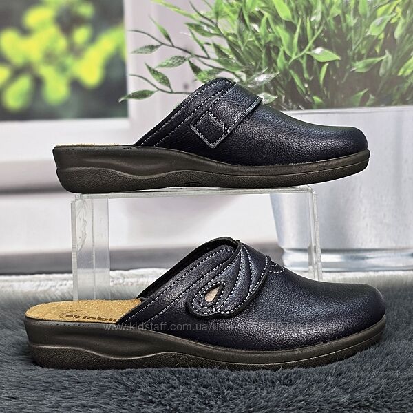 Тапочки женские для дома Inblu темно-синие эко-кожа на танкетке 8228