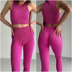 3 кольори комплект в рубчик топ і лосини з ефектом пуш ап