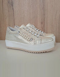 Італійські шкіряні кросівки, жіночі кеди бежеві з золотистим, літо демі, 37