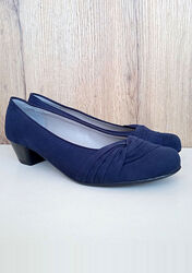 Нові жіночі туфлі на низьких підборах, сині човники на широку ногу, р. 37.5