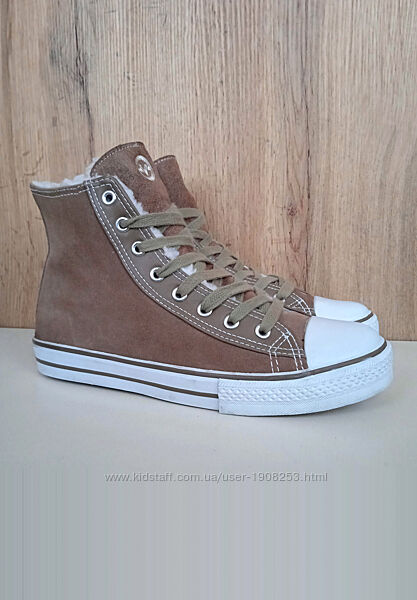 Замшеві кросівки, утеплені кеди, жіночі хайтопи коричневі з білим, зима, 38