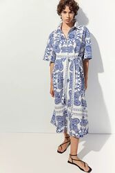 Белое с принтом платте рубашка миди H&M лен коттон