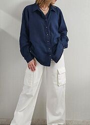 Синяя льняная рубашка оверсайз M&S лён