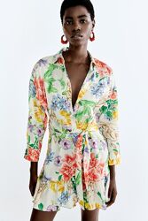 Белое сатиновое цветочное платье рубашка Zara