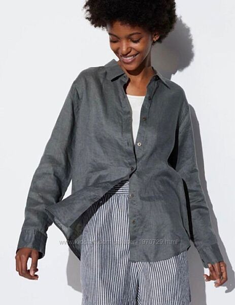Серая льняная рубашка оверсайз Uniqlо Япония