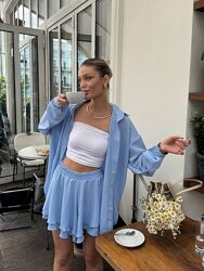 Жіночий костюм з м&acuteякої тканини сорочка oversize  подвійні шорти 