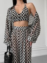 Жіночий костюм трійка з шифону літній з штанами з сорочкою з топом легкий