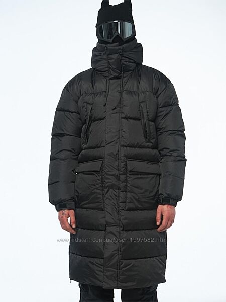 Зимовий водо-вітрозахисний пуховик  Довгий пуховик з обємним та гли