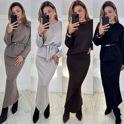 Костюм спідниця максі, талія на резинці, кофта вільного крою, пояс з тканин