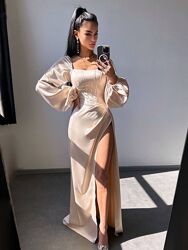 Атласний комплект корсет  спідниця  максі з драпіруванням 