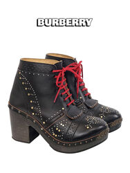 Кожаные ботильоны Burberry Black Studded Leather Antrim Fringe Detail Block